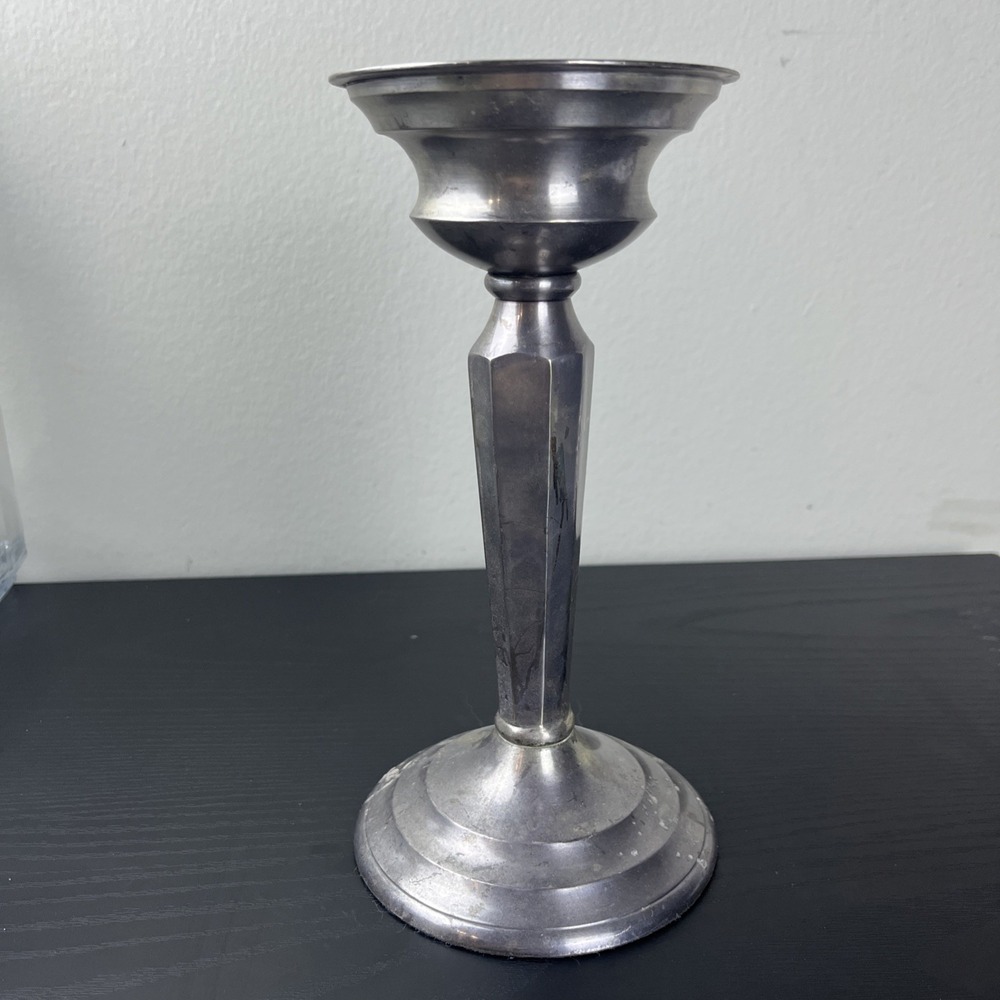 Crate & Barrel Antique Silver Pillar Candle Holder 8.35" Metal Home Decor